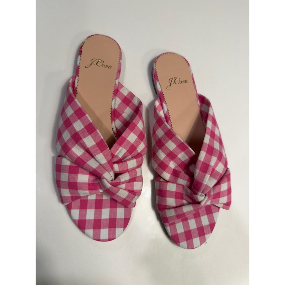 J.Crew Sandals Women 7 Gingham Twisted Knot Slide Pink White Excellent